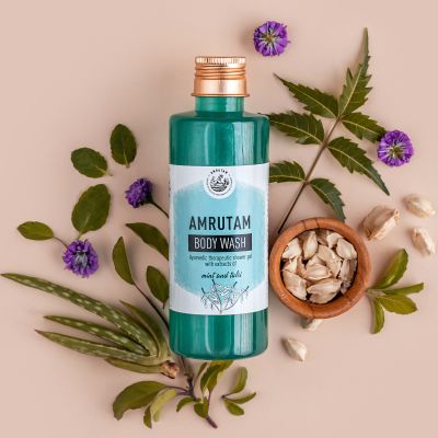 Amrutam: BODY WASH with Aloe vera, Mint & Tulsi - ayurvedic therapeutic shower gel - 200 ml