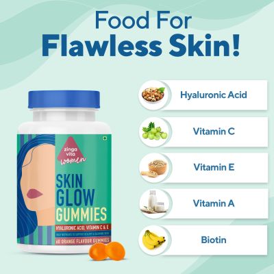 Zingavita: Skin Glow Gummies For Women Sugar Free With Hyaluronic Acid, For Glowing Skin - 60 Gummies