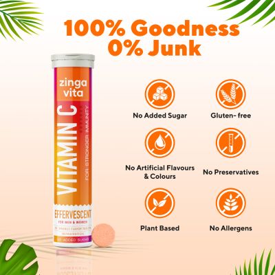 Zingavita: Vitamin C Zinc Effervescent Tablets Natural Amla Extract for Strong Immunity - 20 Tablets