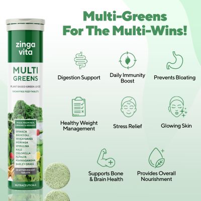 Zingavita: Multi Greens Multivitamin Effervescent Tablets for Detox and Gut Health - 20 Tablets