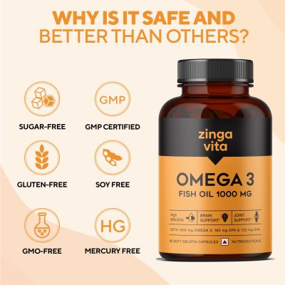 Zingavita: Omega 3 Fish Oil Capsules 1000mg Mercury Free Formula For Joint Support - 120 Capsules