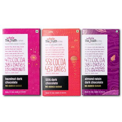 The Whole Truth: 55% Dark Chocolate Combo - (Pack of 3) - 1 - 55% Dark chocolate - 1 - Hazelnut Dark Chocolate - 1- Almond Raisins Dark Chocolate - No Added Sugar - Sweetened only with Dates - 55% Cocoa - 45% Dates