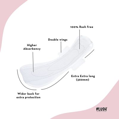 Plush: 100% Pure US Cotton Ultra-Thin Rash Free Natural Sanitary Pads for Women - 10 XXL Pads with Diposable Pouches - 360mm | For Heavy Flow