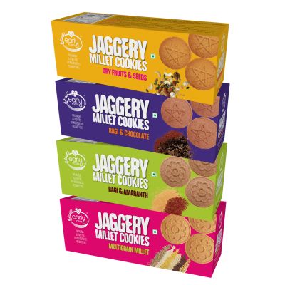 Early Foods: Assorted Pack of 4 - Ragi, Dry Fruit, Millet & Chocolate Jaggery Cookies - Pack of 4 - 150 gm each