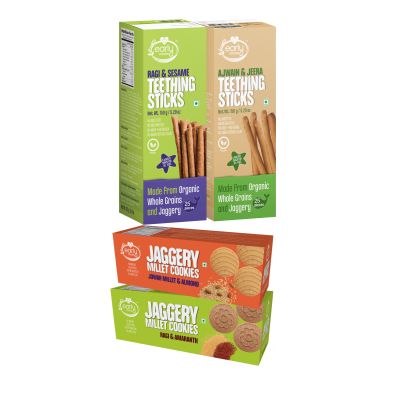 Early Foods: Assorted Pack of 4 Organic Kids Snacks (Ragi & Ajwain Sticks + Jowar & Amaranth Cookies)