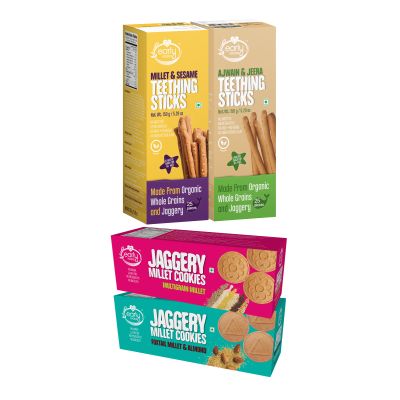 Early Foods: Assorted Pack of 4 Organic Kids Snacks (Millet & Ajwain Sticks + Multigrain & Amaranth Cookies)