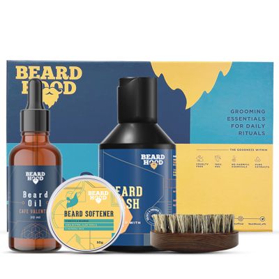Beardhood: Cafe valentino Beard Oil, Beard Wash, Beard Brush, Beard Softener - Pack of 4