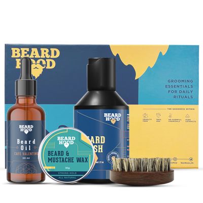 Beardhood: Cafe valentino Beard Oil, Beard Wash, Brush, Beard & Mustache Wax - Pack Of 4