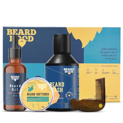 Beardhood: Cafe valentino Beard Oil, Beard Wash, Beard Comb, Beard Softener - Pack of 4