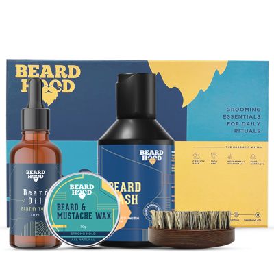 Beardhood: Earthy Tones Beard Oil, Beard Wash, Beard Brush, Beard & Mustache Wax - Pack of 4