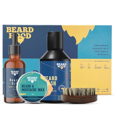 Beardhood: Subtle Citrus Beard Oil, Beard Wash, Beard Brush, Beard & Mustache Wax - Pack of 4