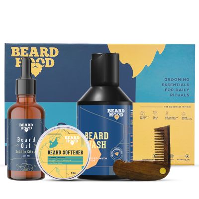 Beardhood: Subtle Citrus Beard Oil, Beard Wash, Beard Comb, Beard Softener - Pack of 4