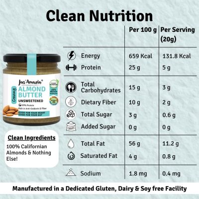 Jus Amazin: Creamy Almond Butter - Unsweetened - 200 gm