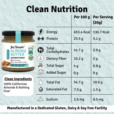 Jus Amazin: CRUNCHY Almond Butter - Unsweetened - 200 gm