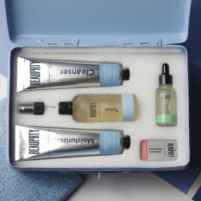 Beauprty: Full face care kit for dry & sensitive skin (Includes cleanser, toner, moisturizer, acne-clarifying gel & hydrating lip mask) - Set of 5