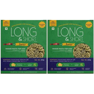 Long & Short: Fun Shapes Veggie Spinach Kids Pasta - Pack of 2 (250gm Each)