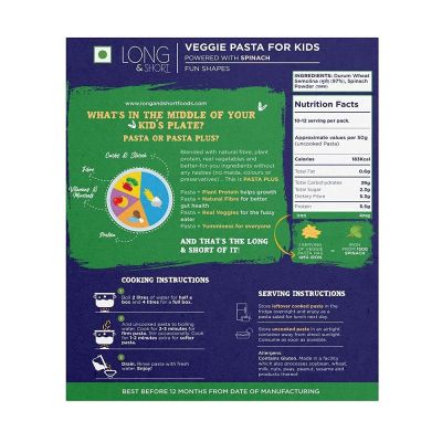 Long & Short: Fun Shapes Veggie Spinach Kids Pasta - Pack of 2 (250gm Each)