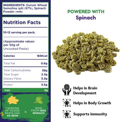 Long & Short: Fun Shapes Veggie Spinach Kids Pasta - Pack of 2 (250gm Each)