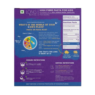 Long & Short: Fun Shapes High Fibre with Wholegrain Durum Wheat Kids Pasta - Pack of 2 (250gm Each)