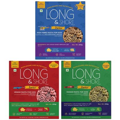 Long & Short: Fun Shapes Wholegrain Wheat, Spinach & Beetroot Kids Pasta - Pack of 3 (250gm Each)