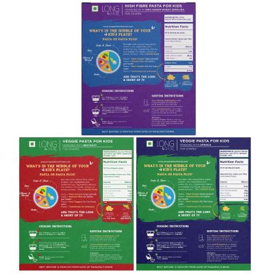 Long & Short: Fun Shapes Wholegrain Wheat, Spinach & Beetroot Kids Pasta - Pack of 3 (250gm Each)