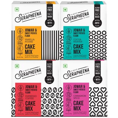 Serapheena: Cocoa Heaven (200gm), Vanilla Pound (185gm), Espresso Coffee (205gm) & Cinnamon Spice (200gm) Jowar and Sweet Potato Flour Cake Mix - Pack of 4