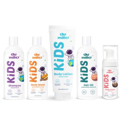 Tiny Mighty: Kids Body Wash 200 ml, Body Foam Wash 150 ml, Body Lotion 200 ml, Shampoo 200 ml & Hair Oil 200 ml