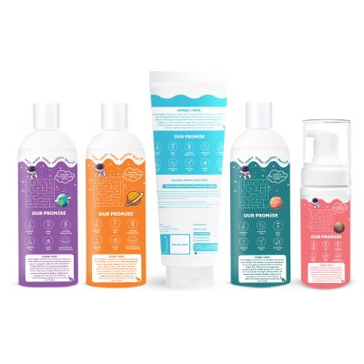 Tiny Mighty: Kids Body Wash 200 ml, Body Foam Wash 150 ml, Body Lotion 200 ml, Shampoo 200 ml & Hair Oil 200 ml