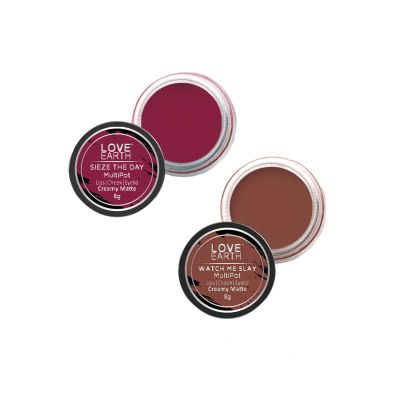 Love Earth: Lip Tint & Cheek Tint Multipot Combo (Raspberry Pink & Caramel Brown) with Richness of Jojoba Oil and Vitamin E for Lips, Eyelids and Cheeks