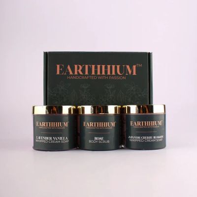 Earthhium: Japanese Cherry Blossom Whipped Cream Soap, Lavender Vanilla Whipped Cream Soap & Rose Body Scrub