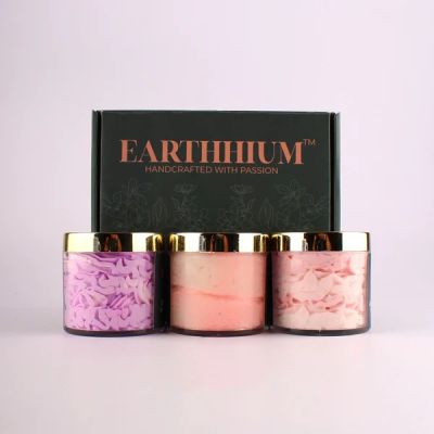 Earthhium: Japanese Cherry Blossom Whipped Cream Soap, Lavender Vanilla Whipped Cream Soap & Rose Body Scrub