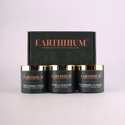 Earthhium: Blackberry Mangolia Whipped Cream Soap, Green Irish Tweed Whipped Cream Soap & Vanilla Mermaid Body Scrub