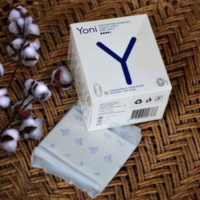 Yoni: 100% Organic Cotton Pads with Wings -Heavy Flow (10 Pcs)