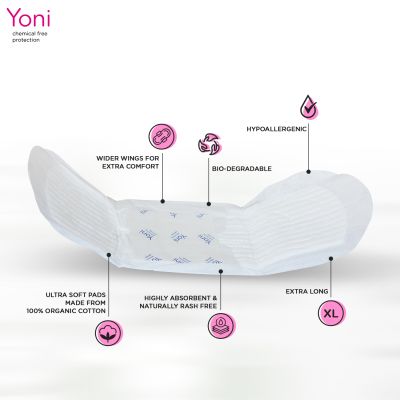 Yoni: 100% Organic Cotton Pads with Wings -Heavy Flow (10 Pcs)