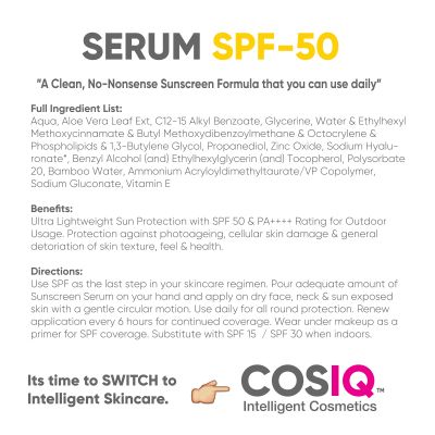 COSIQ: Outdoor Sunscreen Serum SPF 50 PA++++ Broad Spectrum - 30ml
