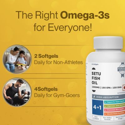 SETU: Deep Sea Omega-3 Fish Oil 60 Softgel Capsules (Pack of 1) | Ultra-Pure Marine Sourced 1000 mg | 180mg EPA 120mg DHA | For Brain, Heart and Joint Health