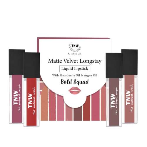 TNW - The Natural Wash: Matte Velvet Longstay Liquid Lipstick Mini- Bold Squad With Macadamia Oil And Argan Oil Pack Of 4 TNW - The Natural Wash: Matte Velvet Longstay Liquid Lipstick Mini- Bold Squad With Macadamia Oil And Argan Oil Pack Of 4