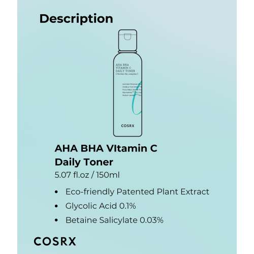 COSRX: Refresh AHA BHA Vitamin C Daily Toner | Hydrating Toner | Korean Skincare | Skin Prep | Vitamin C | Pore Care | Smooth Skin | 150ml