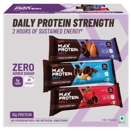 RiteBite Max Protein: Daily Assorted Energy Bars - Choco Classic - 2, Choco Almond - 2, Choco Berry - 2 [Pack of 6] - 300gm