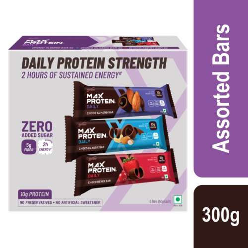RiteBite Max Protein: Daily Assorted Energy Bars - Choco Classic - 2, Choco Almond - 2, Choco Berry - 2 [Pack of 6] - 300gm