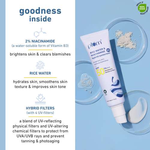Plum: 2% Niacinamide & Rice Water Hybrid Face Sunscreen with SPF 50 PA+++ - 50ml