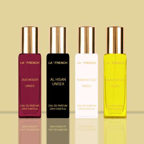 La' French: Luxury oudh Perfume Gift Set - Adventure Oud, Romance Oud, Al Hisan & Oud Woody for men & women - Pack of 4 - 20 ml Each