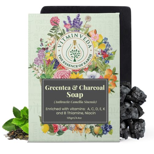 VITMINVEDA: Charcoal & Green Tea Herbal Soap Bar - 125 gm