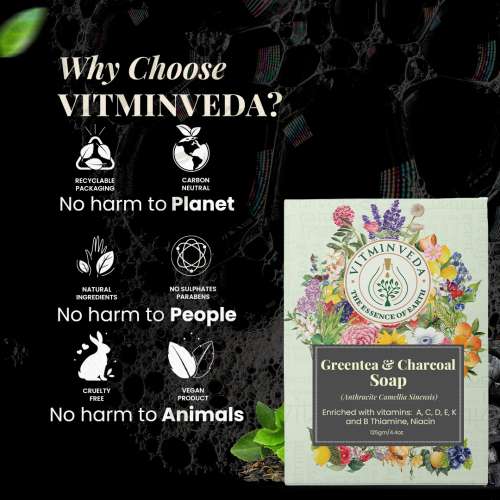 VITMINVEDA: Charcoal & Green Tea Herbal Soap Bar - 125 gm