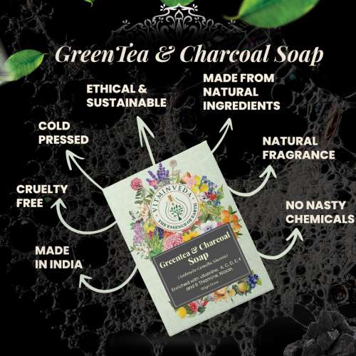 VITMINVEDA: Charcoal & Green Tea Herbal Soap Bar - 125 gm
