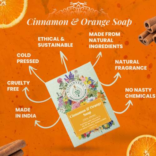VITMINVEDA: Orange & Cinnamon Herbal Soap Bar - 125 gm
