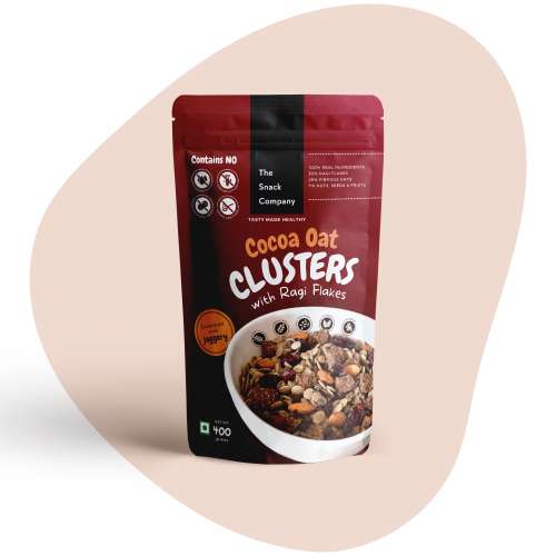 The Snack Company: Cocoa Oat Clusters with Ragi Flakes  400gm | 52% Ragi Flakes, 29% Grains, 7% Nuts, Seeds and Dry-fruits