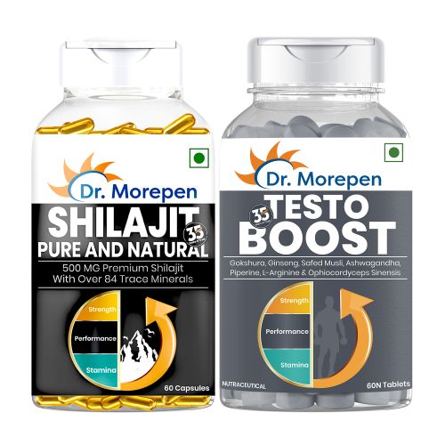 Dr. Morepen: Sexual Wellness Kit with Shilajit Capsules and Testos Boost - Ayurvedic Supplement to improve Stamina & Strength- 60 Capsules Each