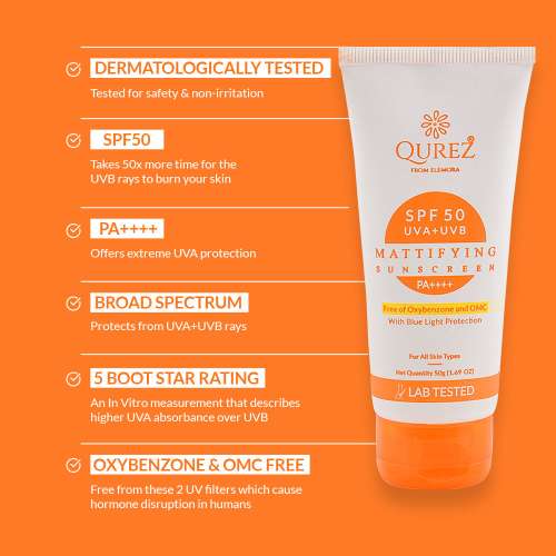 Qurez: Mattifying Sunscreen SPF 50 PA++++ - 50gm