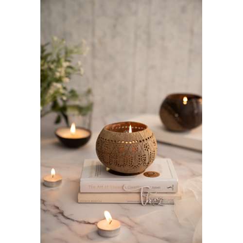 Thenga: 100% Natural Jumbo Hand Carved Coconut Candle Shell Holder - Tropical